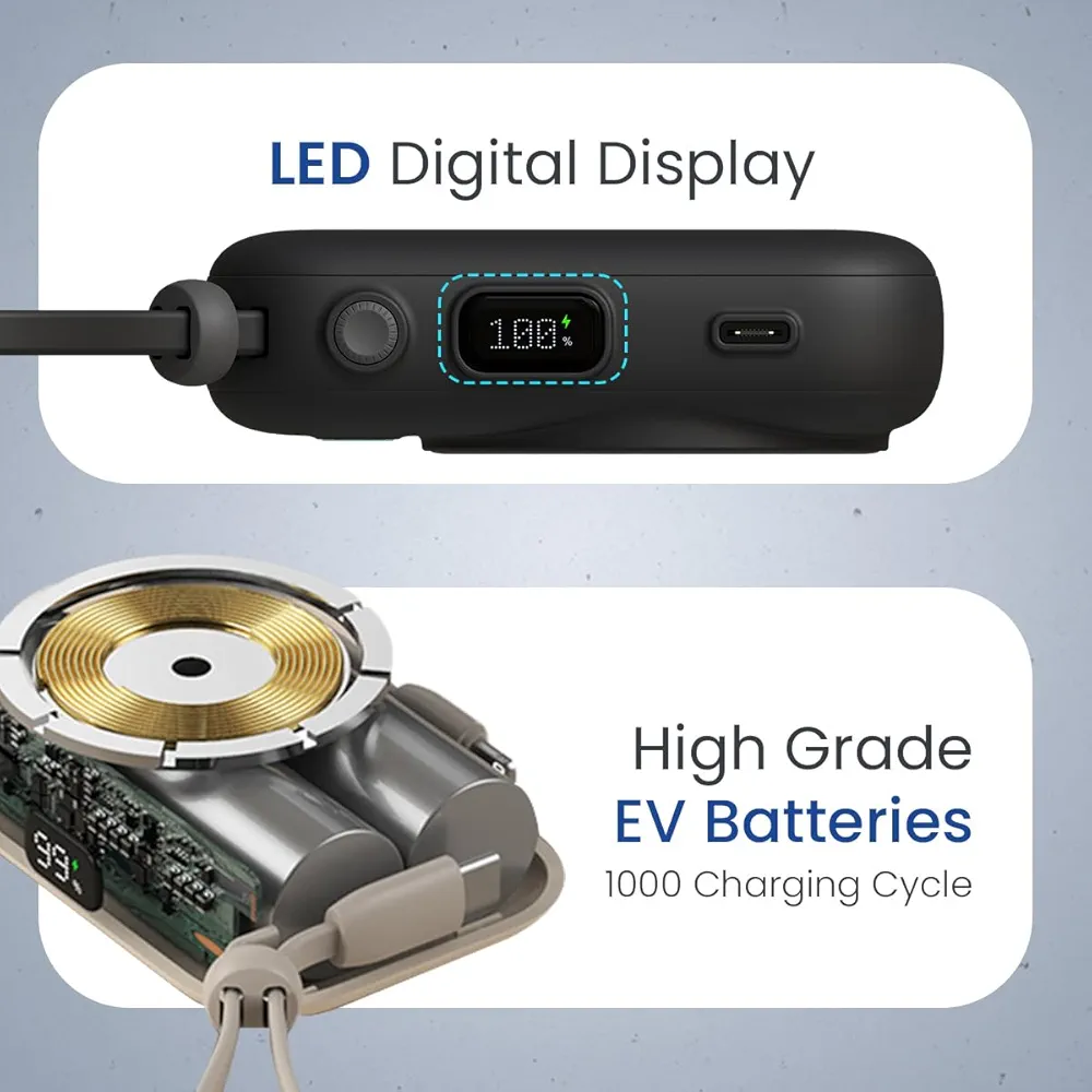 Portronics Power Shutter 10000mAh 15W Magnetic Wireless Fast Charging Powerbank with in-Built Type C & 8 Pin Cable, 22.5W Type C PD Output, Type C Bidirectional Port, LED Display (Black)